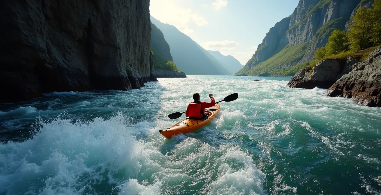 Kayakiste expérimenté naviguant près des falaises du fjord avec courants visibles