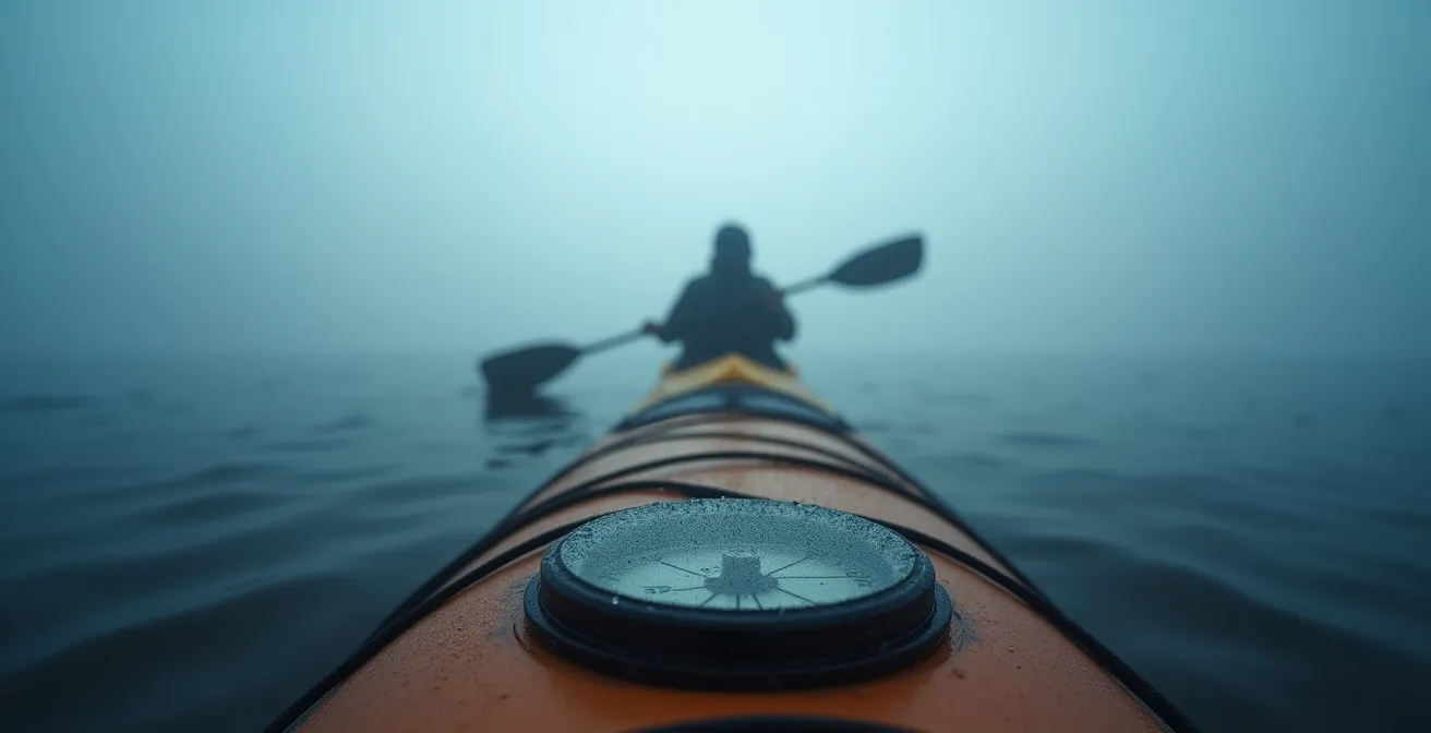Kayakiste seul dans une brume épaisse en Gaspésie, consultant son compas de pont monté sur le kayak