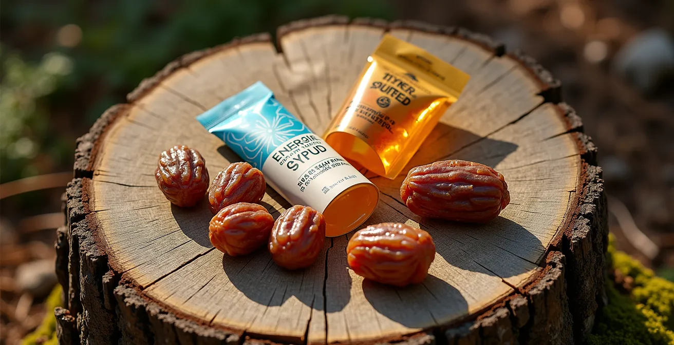 Kit de nutrition d'urgence étalé sur une souche d'arbre en forêt québécoise