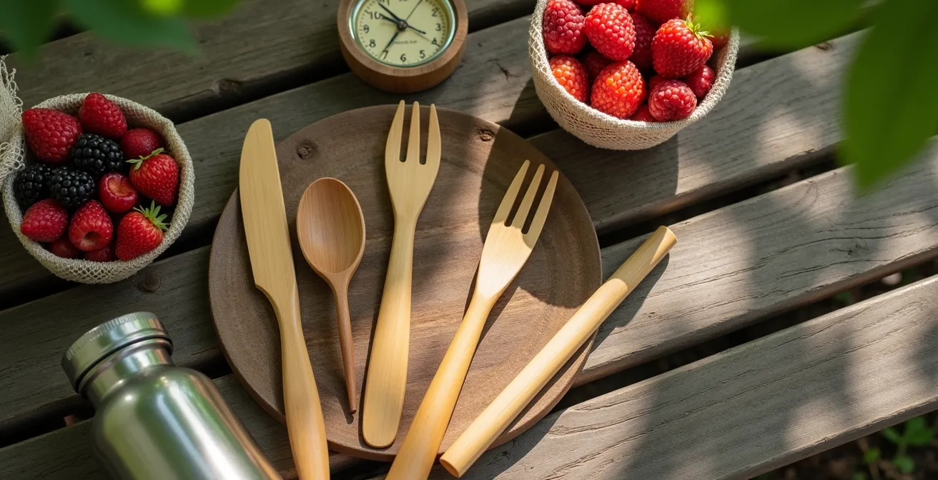 Kit d'ustensiles en bambou disposés sur une surface en bois avec une gourde réutilisable