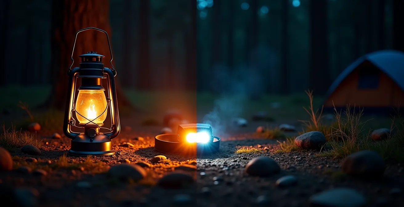 Lanterne au gaz illuminant un campement rustique en soirée dans la forêt québécoise
