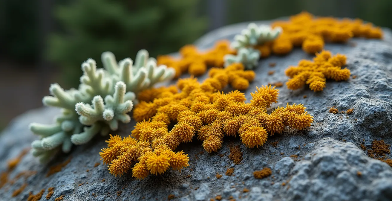 Diversité de lichens sur rocher incluant cladonie, usnée barbue et lichens crustacés orange