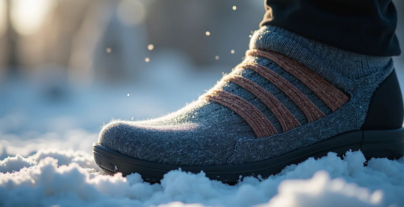 Vue macro du système double chaussette avec liner synthétique et chaussette en laine épaisse