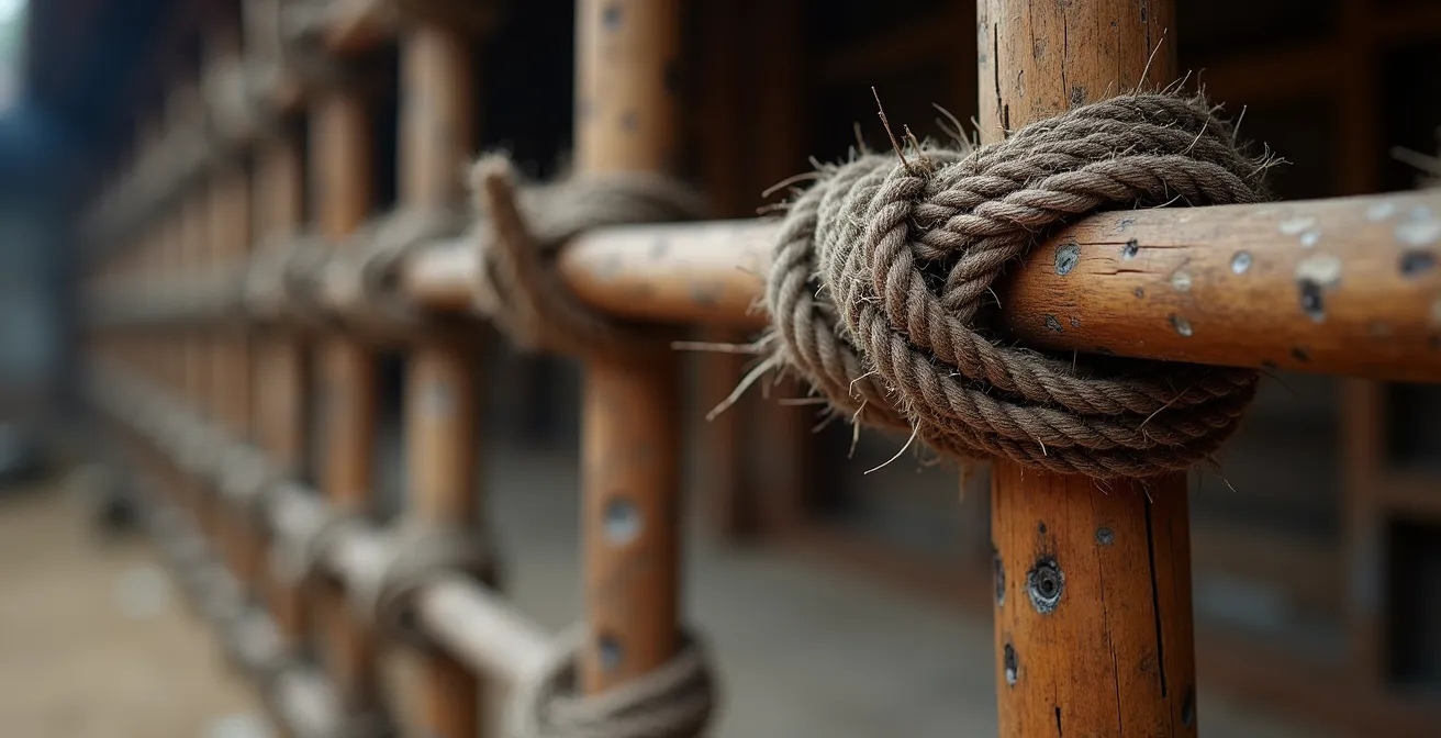 Vue macro détaillée de l'architecture intérieure d'une maison longue montrant l'organisation spatiale des foyers familiaux