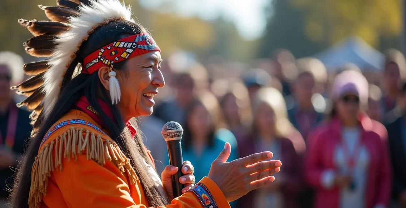 Maître de cérémonie autochtone s'adressant à la foule lors d'un pow-wow au Québec