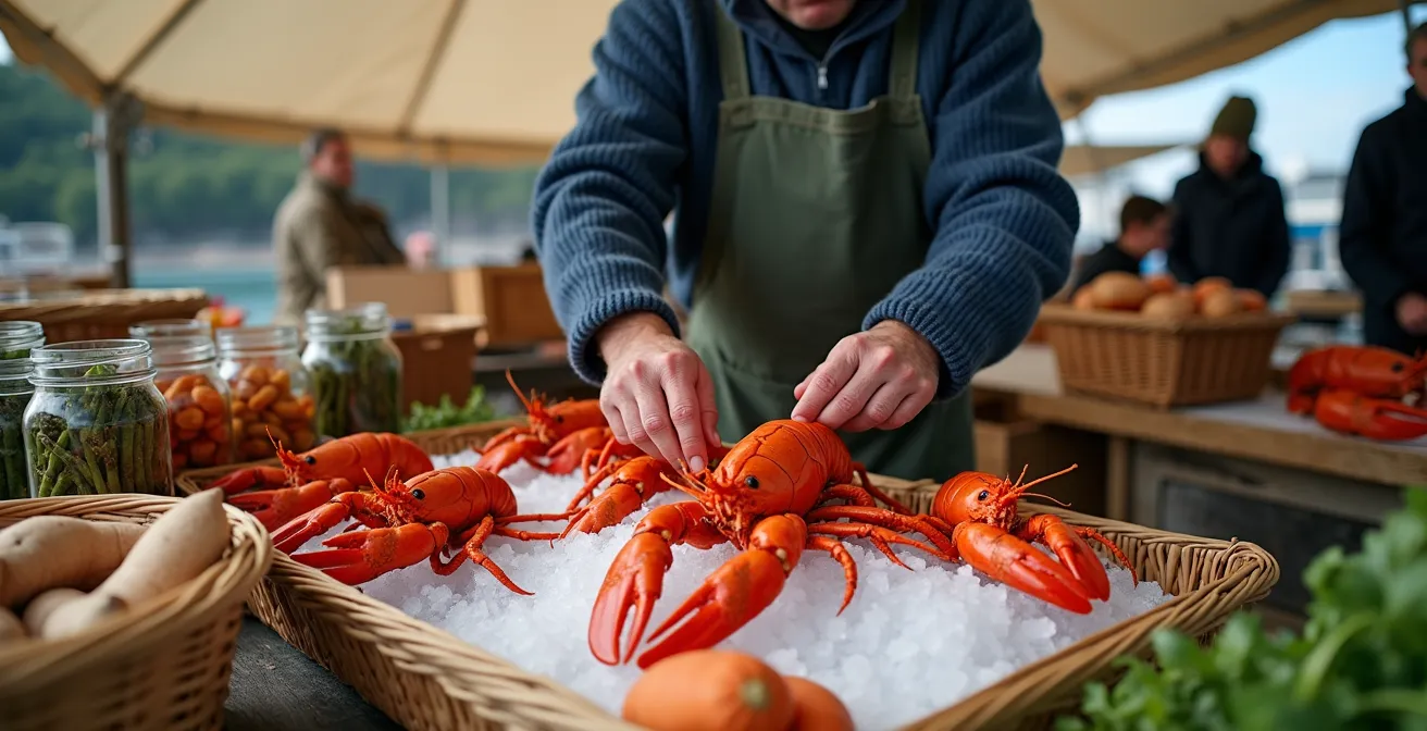 Étal coloré d'un marché local des Îles-de-la-Madeleine avec homards frais, légumes et produits artisanaux