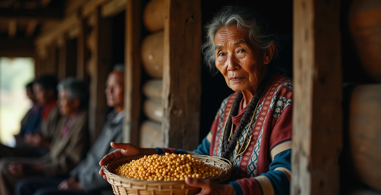 Portrait d'une Mère de clan iroquoienne âgée distribuant des provisions dans une maison longue