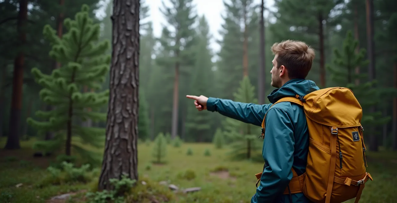 Randonneur vise un arbre remarquable à travers la forêt dense pour la technique du saut de puce