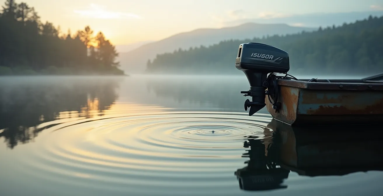 Moteur électrique silencieux monté sur une barque dans un lac calme à l'aurore