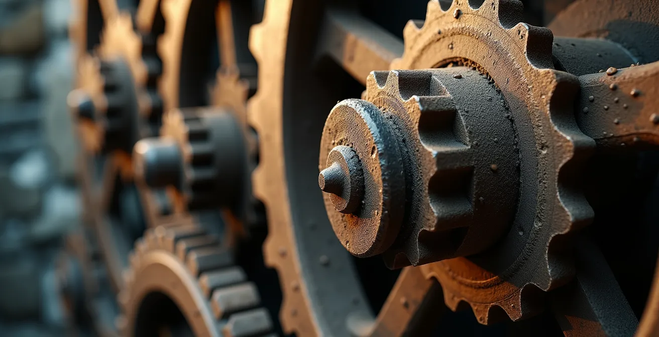 Mécanisme de roue à eau d'un moulin québécois du 18e siècle avec engrenages en bois