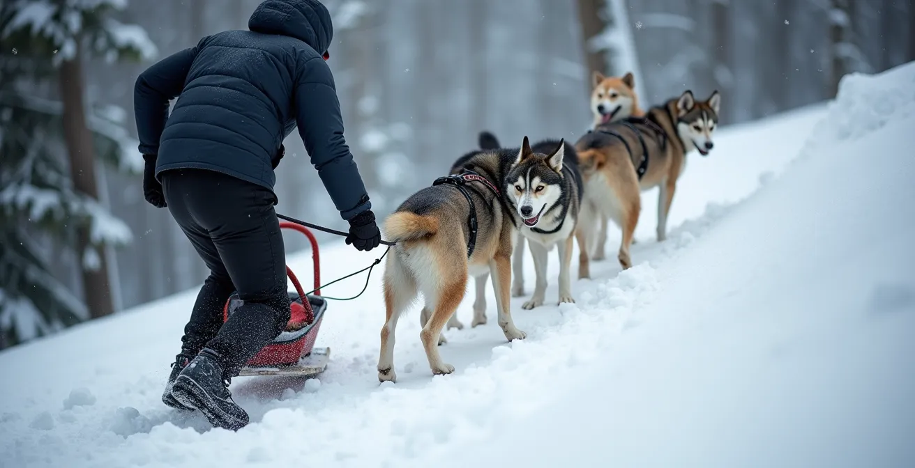 Musher québécois poussant son traîneau pour aider ses chiens dans une montée enneigée des Laurentides