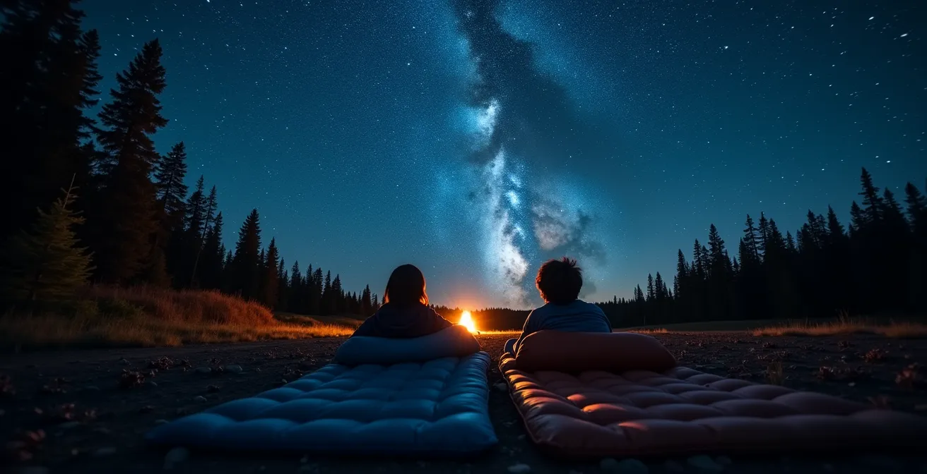 Campeurs observant le ciel étoilé depuis leur site de camping rustique