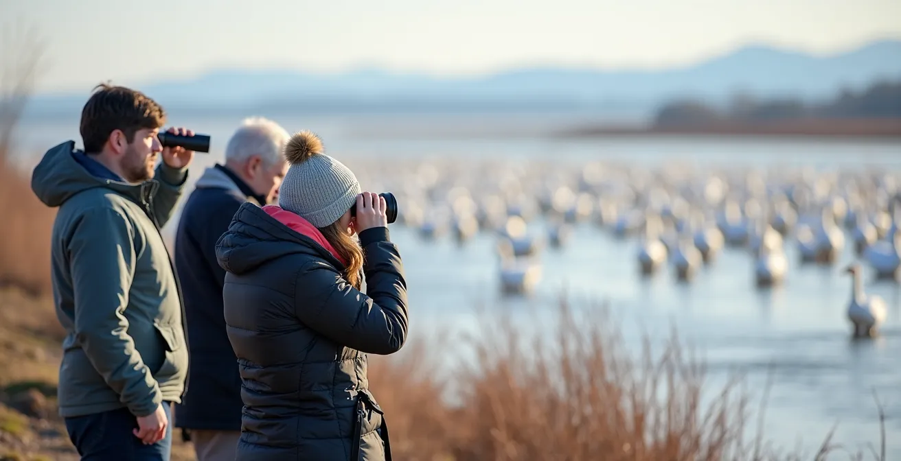 Observateurs d'oiseaux utilisant des jumelles à distance respectueuse des oies sur les battures