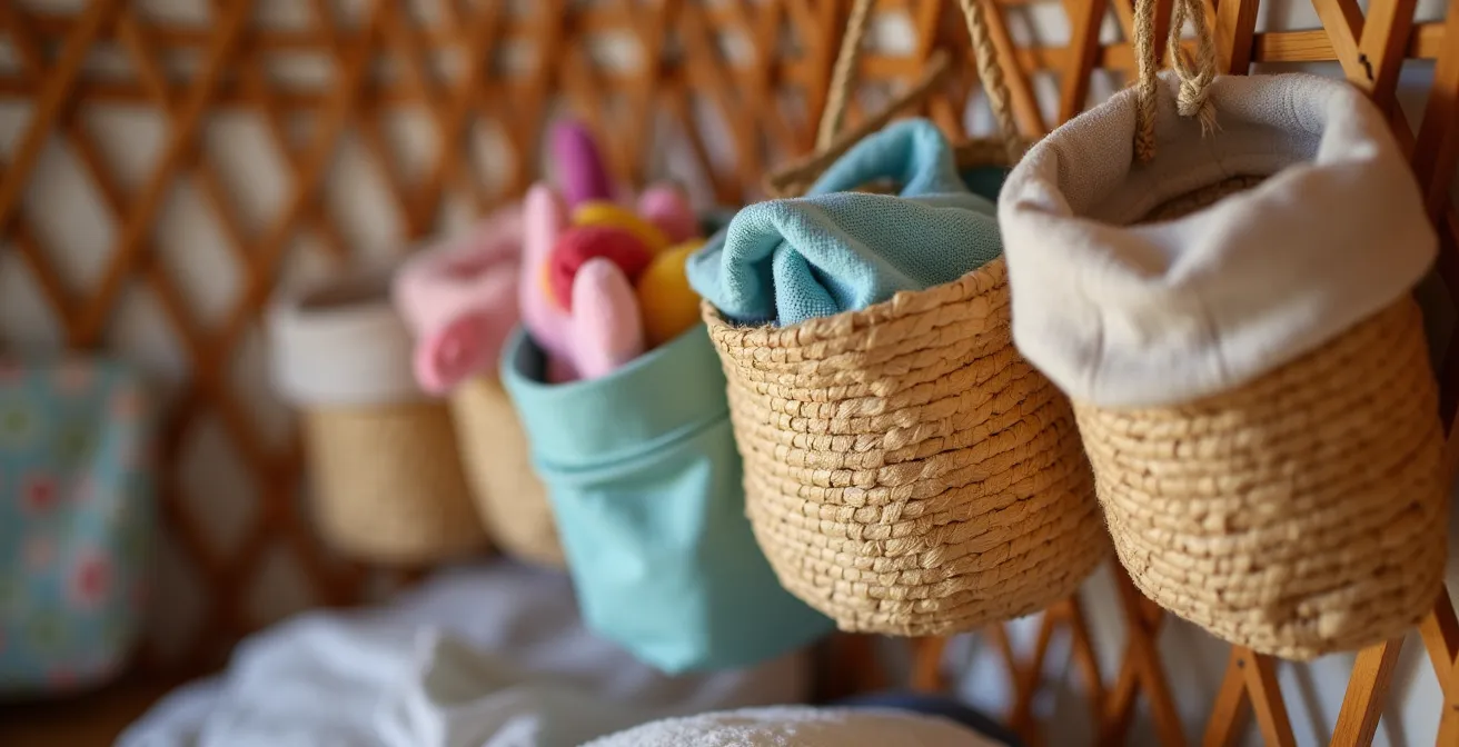 Intérieur de yourte organisé en zones fonctionnelles pour famille avec enfants