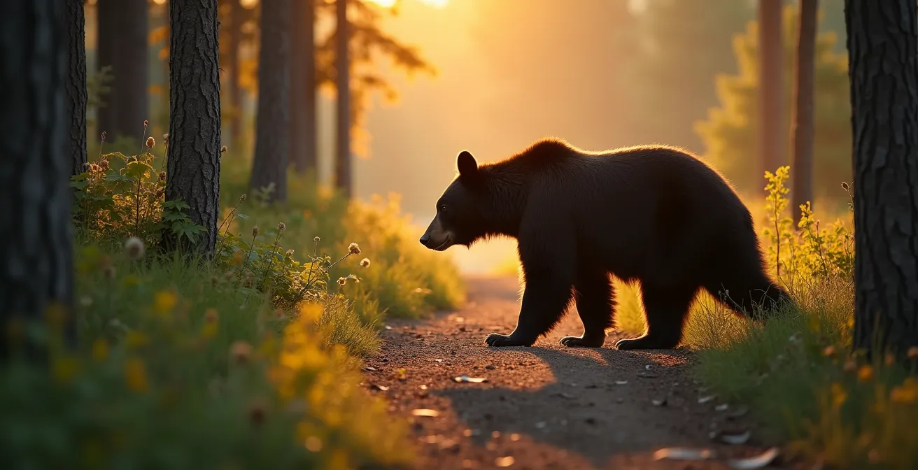 Ours noir traversant un sentier forestier dans la lumière dorée de l'aube