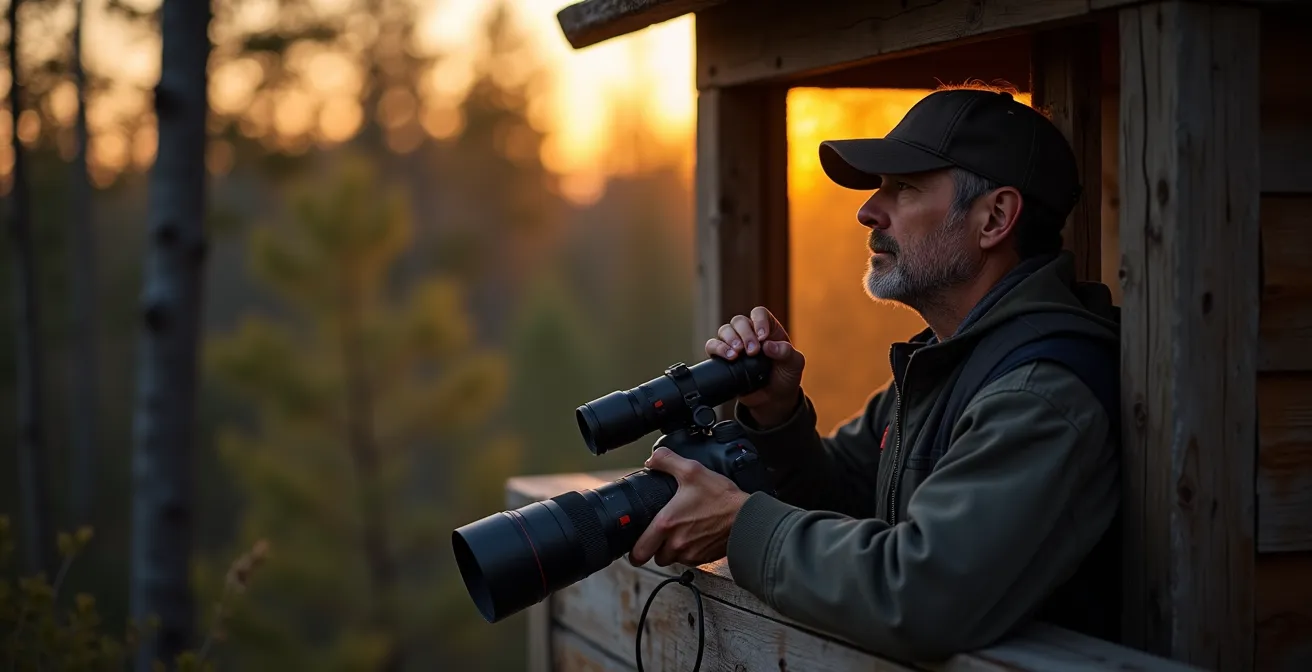 Poste d'observation éthique en forêt avec photographe patient attendant la faune