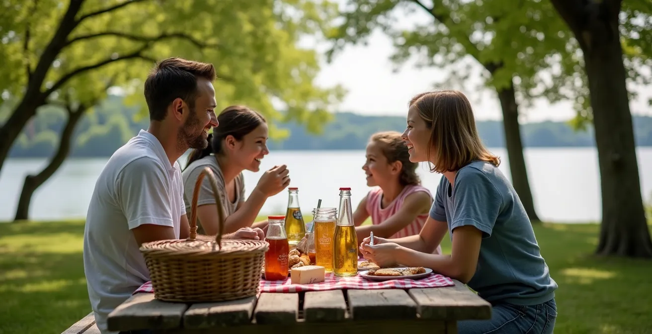Famille installée à une table de pique-nique dans un parc municipal avec vue sur le fleuve Saint-Laurent