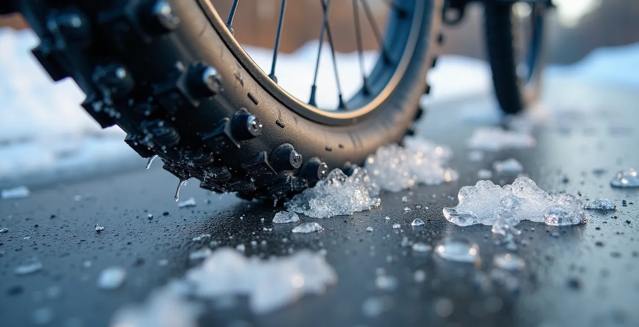 Gros plan macro sur pneu de vélo clouté sur surface glacée avec cristaux de glace visibles