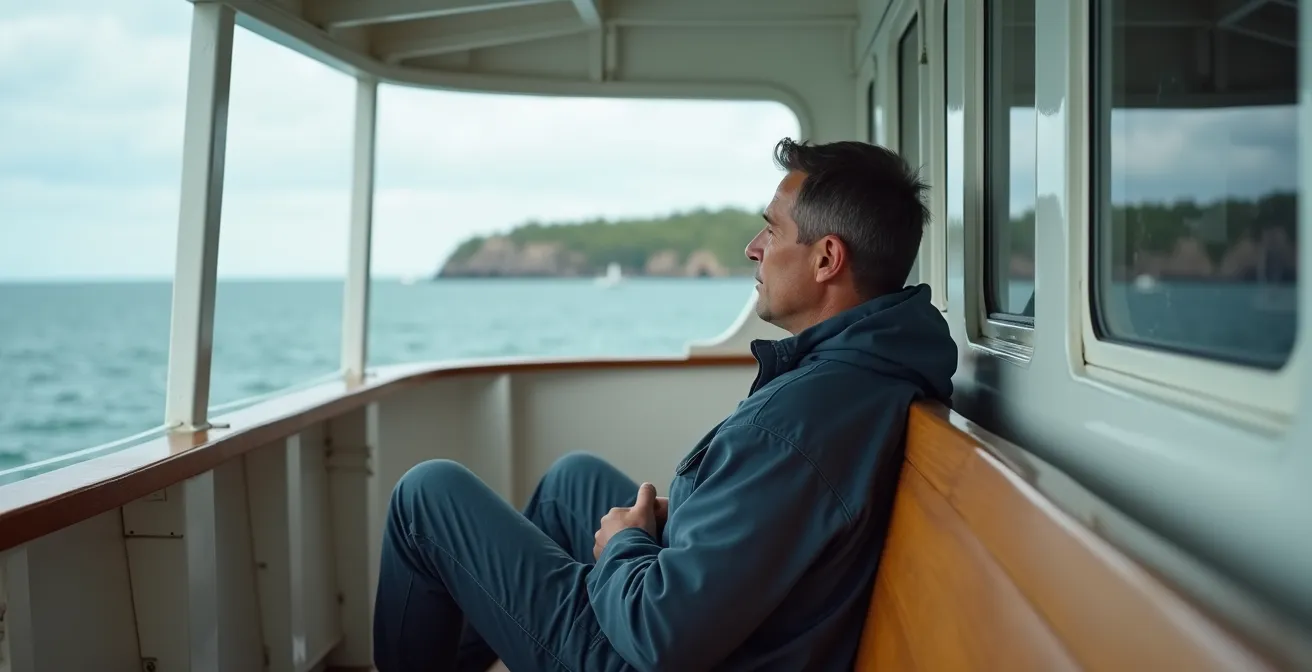 Vue du pont central d'un bateau de croisière dans les eaux calmes près de Percé