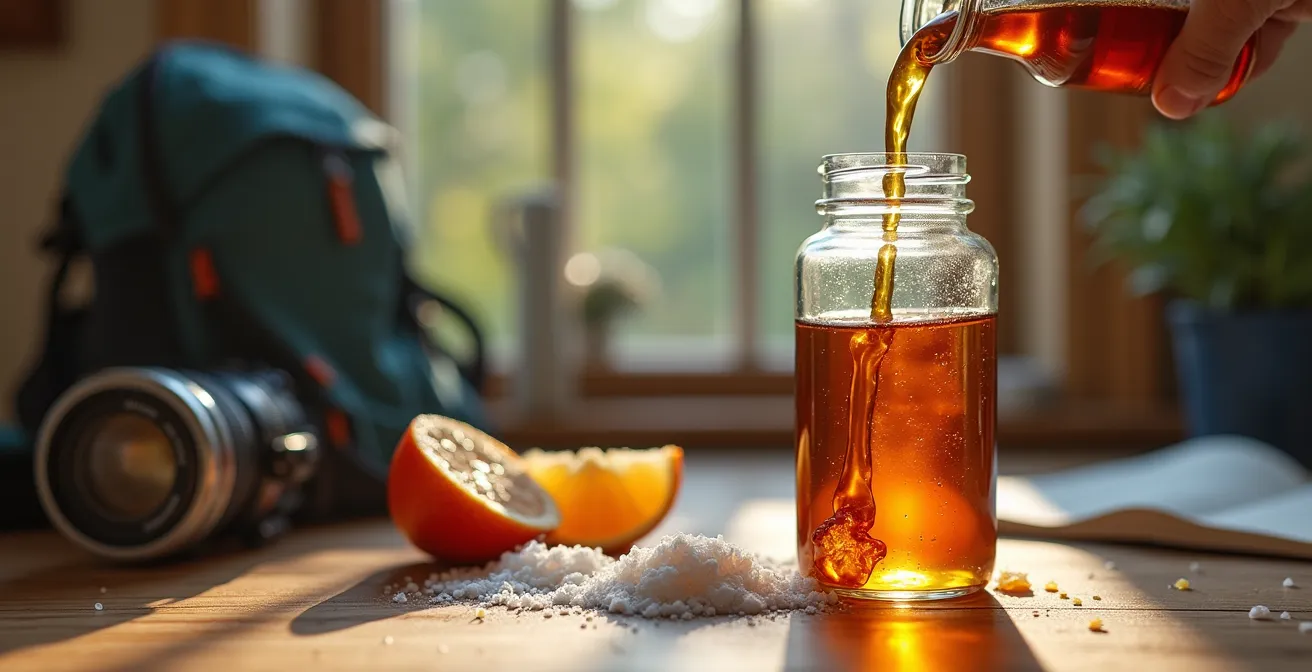 Préparation de boisson énergétique maison avec sirop d'érable et électrolytes sur table en bois