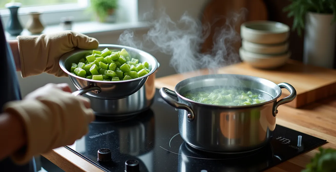 Processus de cuisson sécuritaire des têtes de violon avec deux casseroles d'eau bouillante