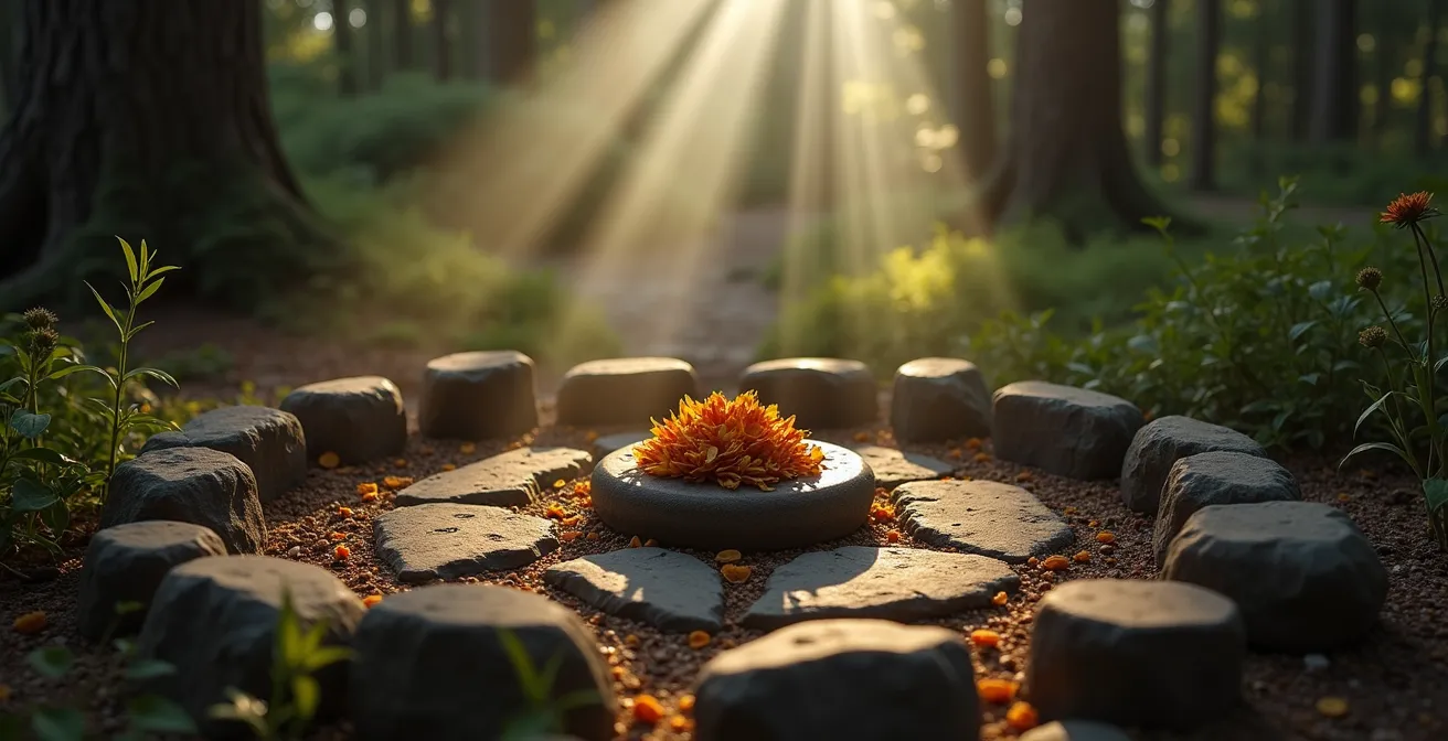 Moment de recueillement respectueux sur un site sacré autochtone en forêt québécoise
