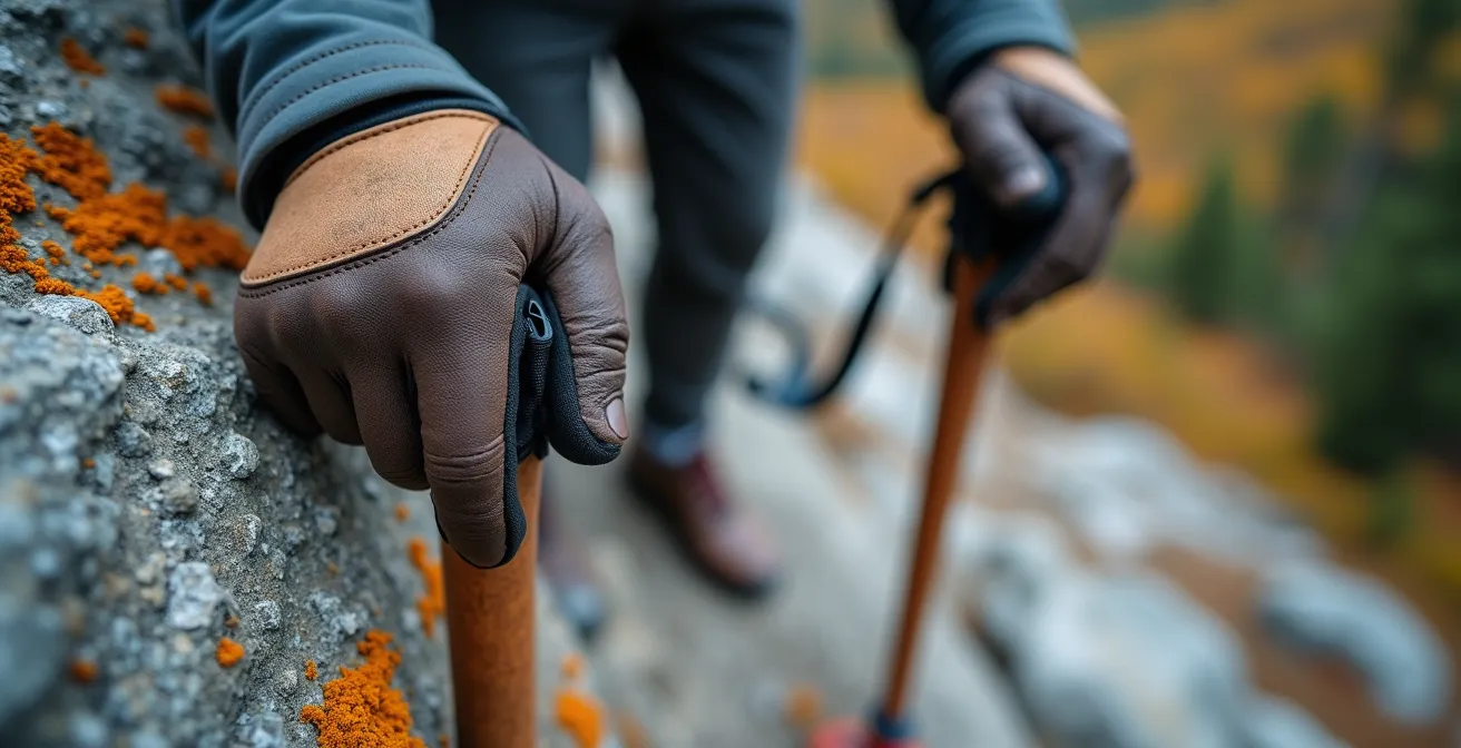 Gros plan sur les mains d'un randonneur utilisant des bâtons de marche pour naviguer un pierrier instable