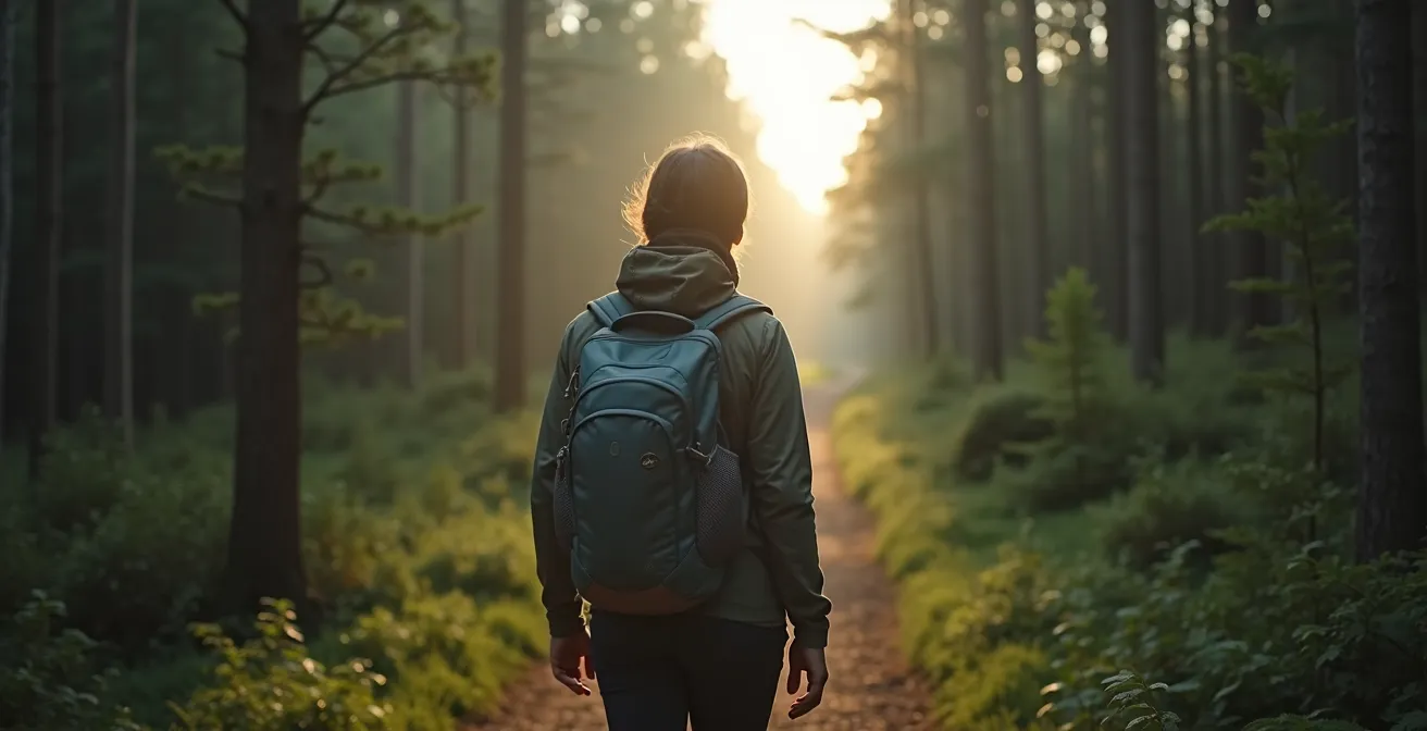 Personne marchant seule sur un sentier forestier isolé dans une ZEC québécoise