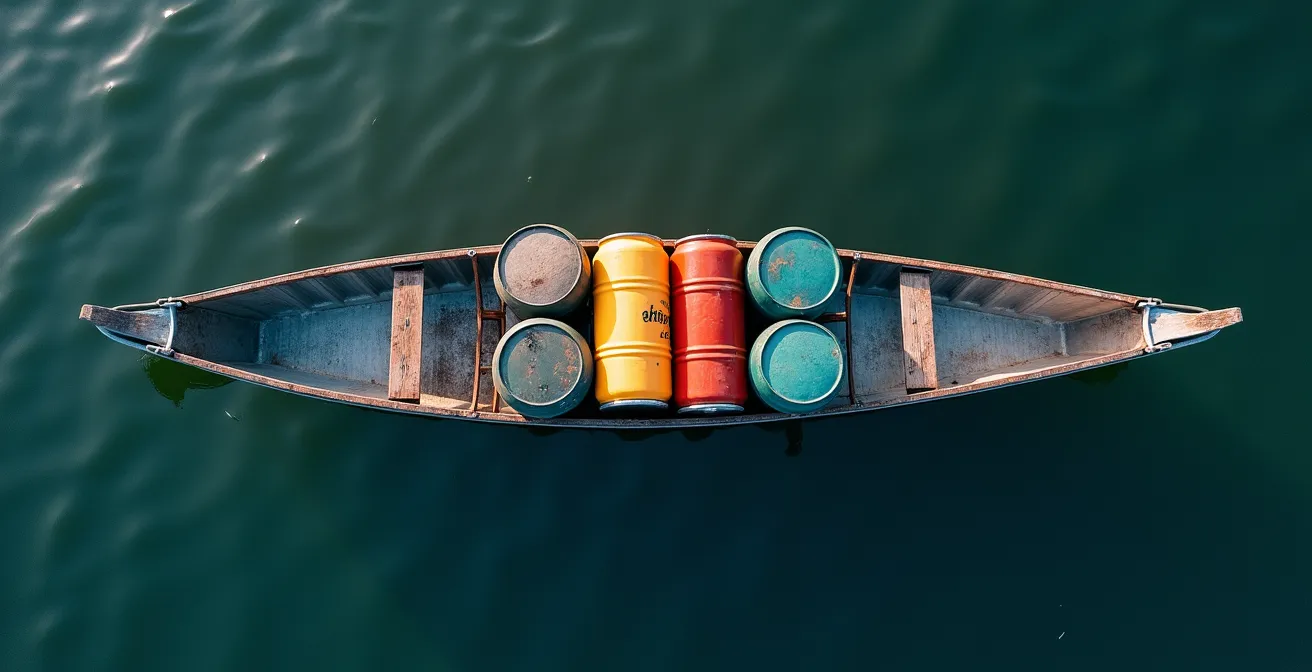 Vue aérienne d'un canot montrant la répartition optimale des barils étanches pour la stabilité
