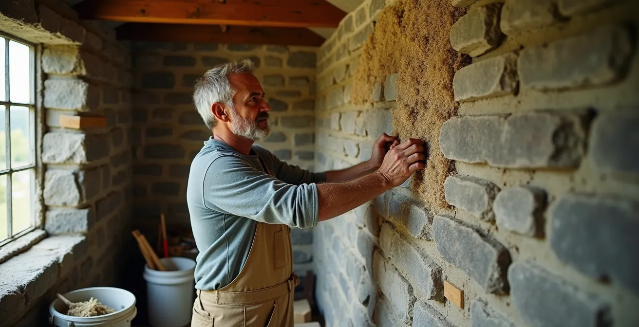 Travaux de restauration d'un mur de pierre ancestral avec application d'isolation chaux-chanvre