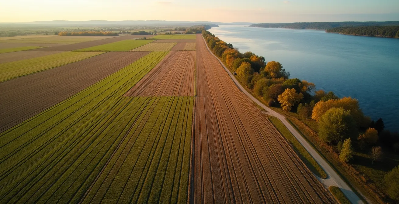 Vue aérienne de la route 138 longeant des terres agricoles perpendiculaires au fleuve Saint-Laurent