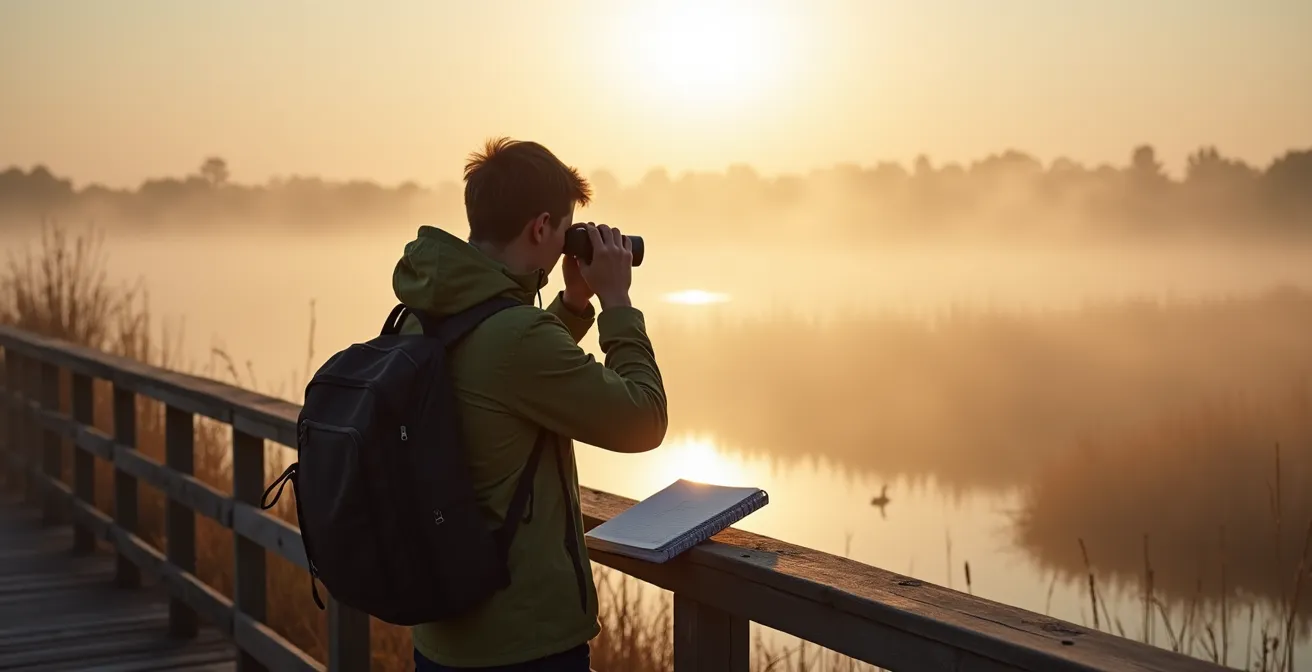 Randonneur observant la faune avec des jumelles dans un parc national québécois