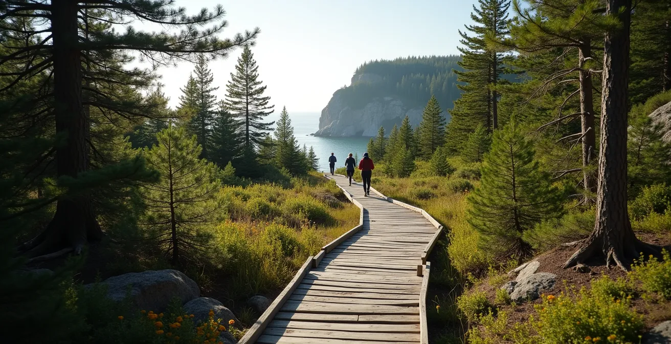 Vue panoramique du Rocher Percé depuis le sentier du Roy sur l'île Bonaventure