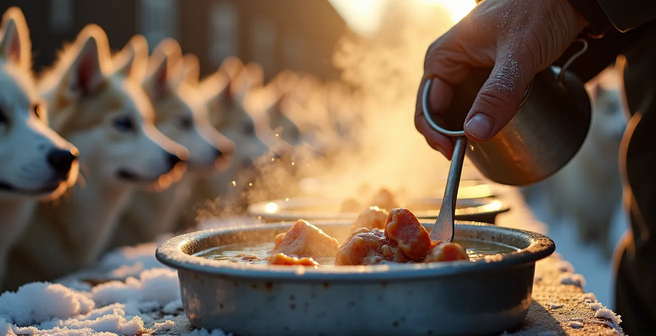Musher préparant la soupe chaude matinale pour ses chiens de traîneau dans un chenil québécois