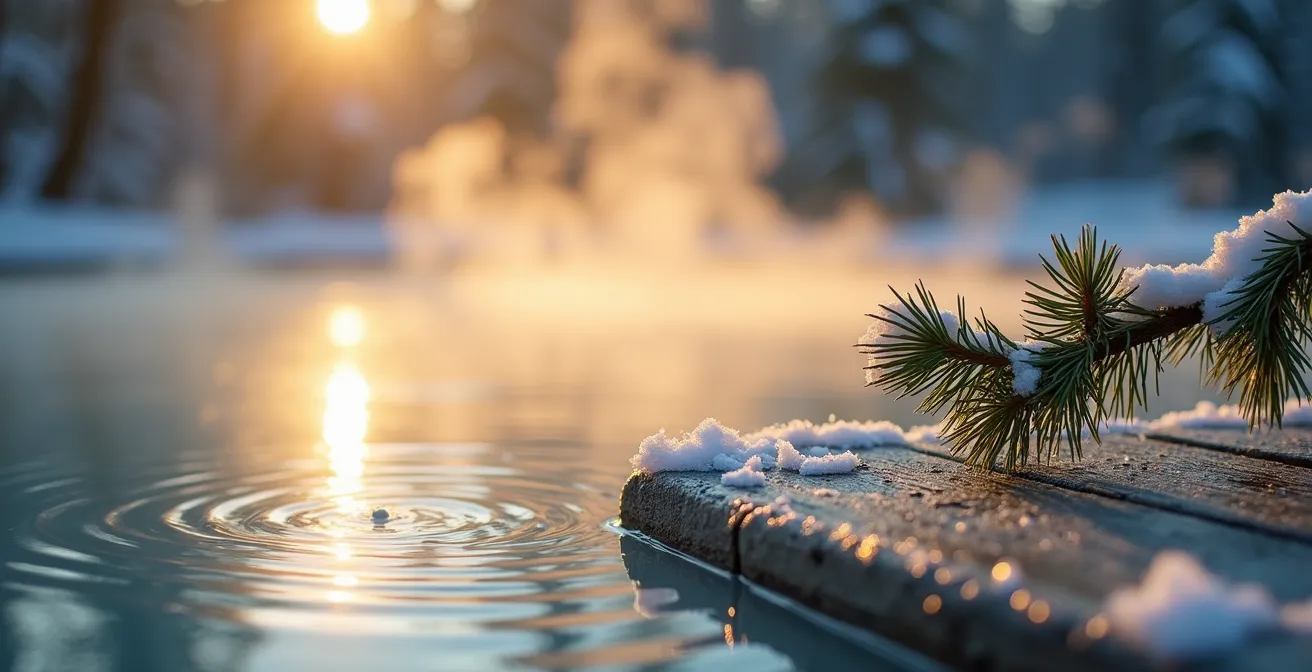 Bain thermal extérieur fumant dans un décor hivernal des Laurentides