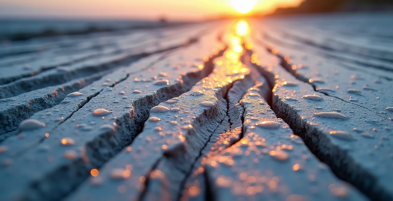 Détail en macro de stries glaciaires sur surface rocheuse granitique éclairée par lumière rasante