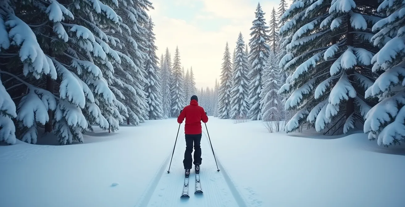 Skieur de fond en système trois couches dans une montée enneigée des Laurentides par temps froid