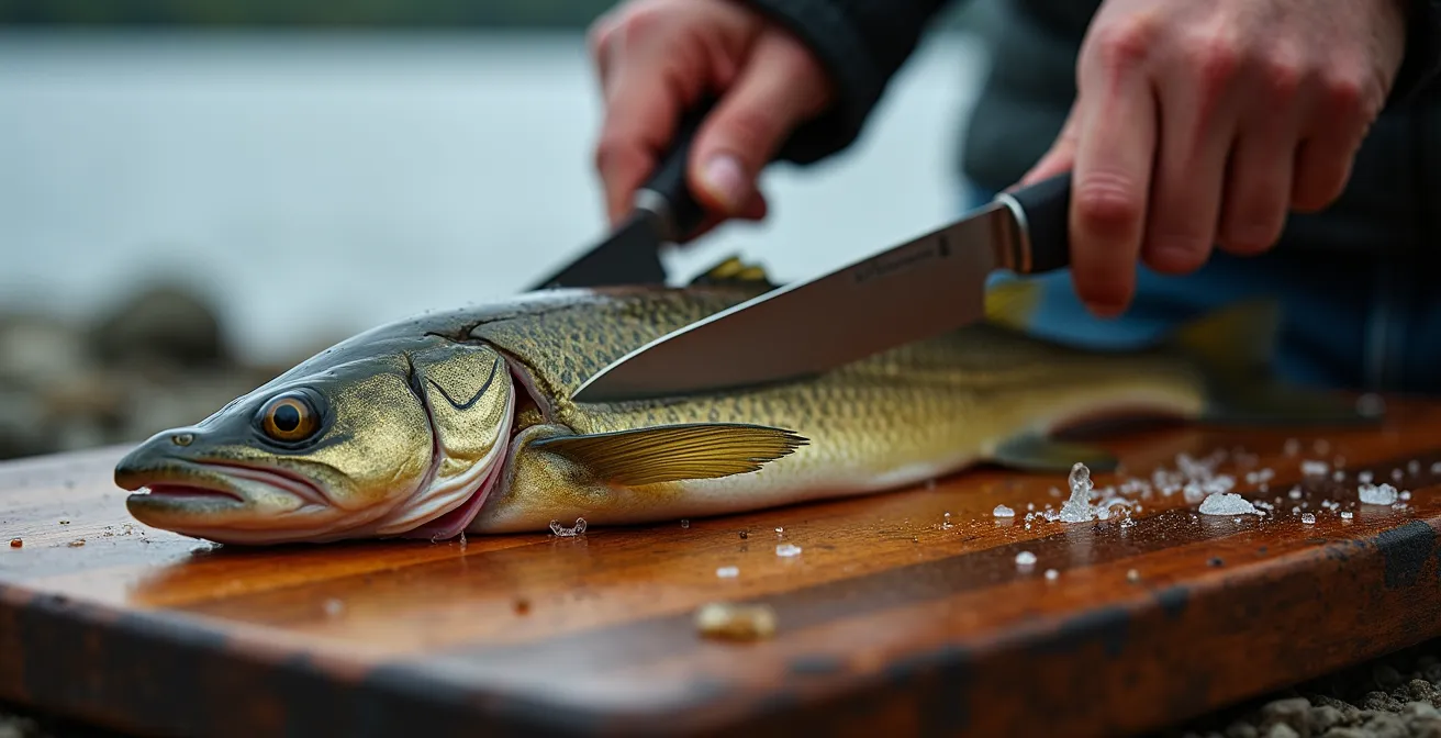 Mains expertes filetant un doré sur une planche de bois au bord d'un lac