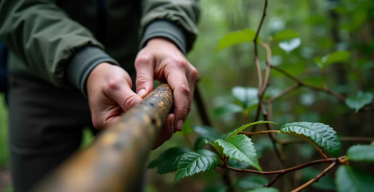 Marcheur utilisant un bâton pour écarter la végétation dense dans une aulnaie québécoise