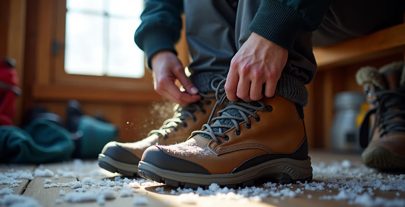 Gros plan sur pieds avec système multicouche de chaussettes dans un refuge de montagne