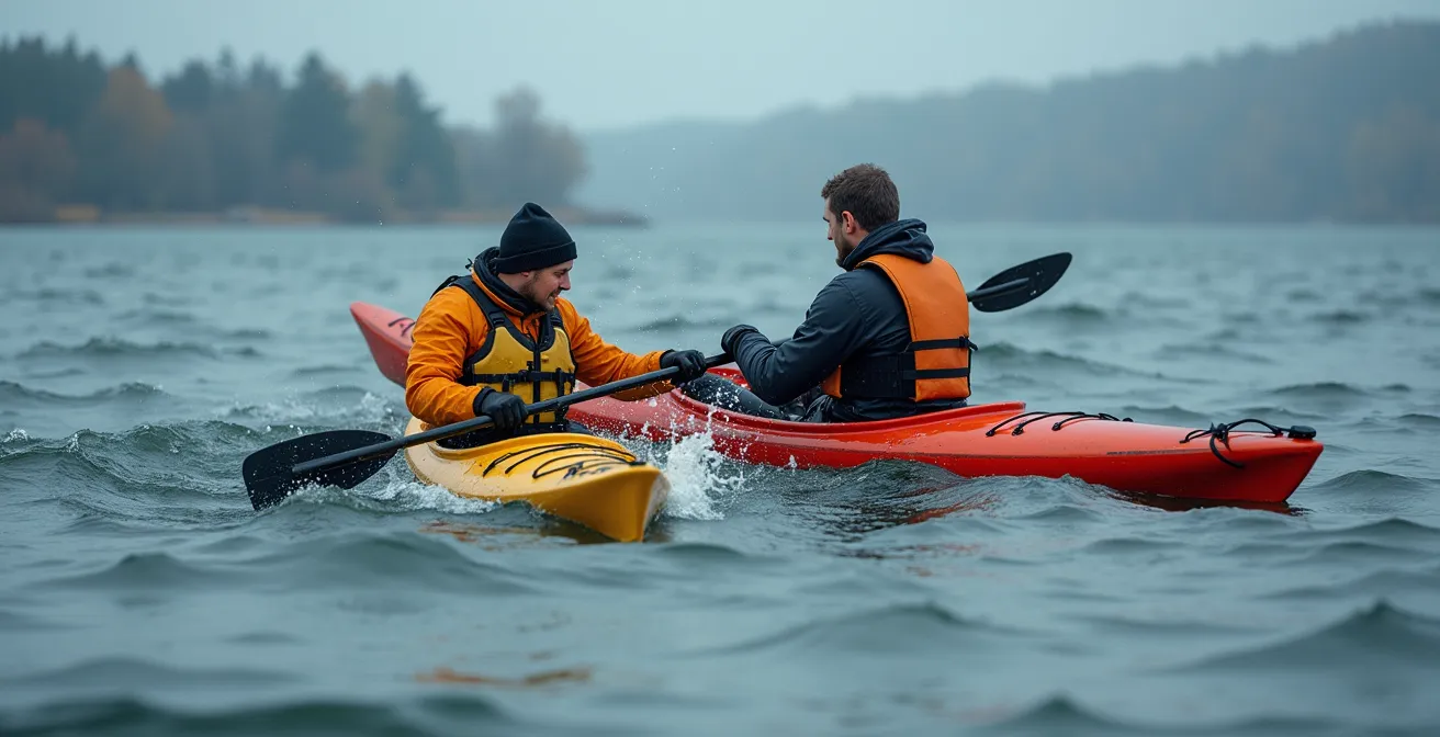 Démonstration de la technique de récupération en T avec deux kayakistes dans les eaux du Saint-Laurent, un kayak renversé et l'autre perpendiculaire pour l'assistance
