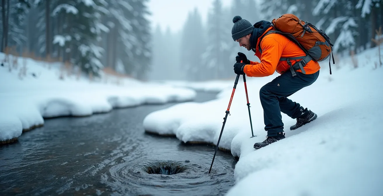 Randonneur testant la solidité d'un pont de neige avec son bâton de marche au-dessus d'un ruisseau
