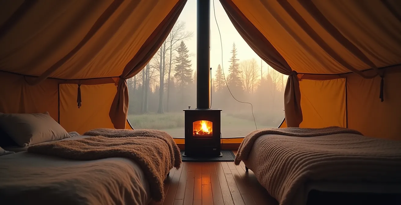 Intérieur d'une tente de glamping au petit matin avec condensation visible sur les parois et poêle à bois allumé
