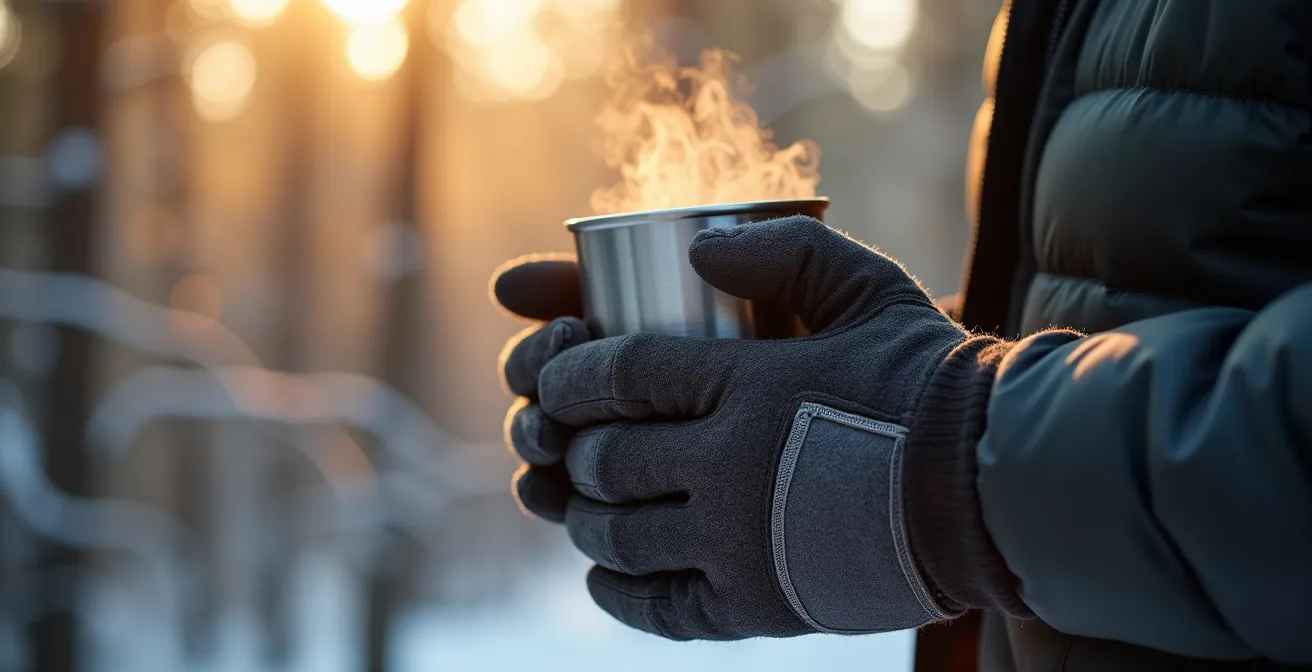 Thermos de soupe fumante lors d'une pause hivernale en refuge
