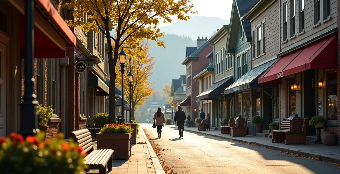 Vue pittoresque du village de Val-David avec ses boutiques artisanales et montagnes en arrière-plan
