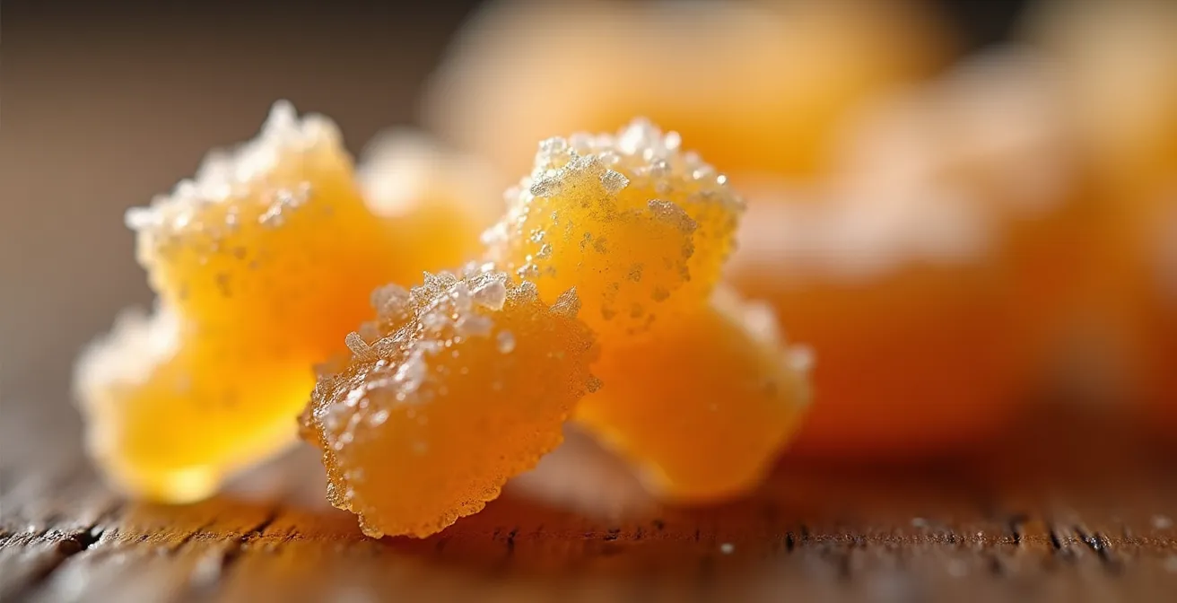 Texture cristallisée de morceaux de gingembre confit en gros plan