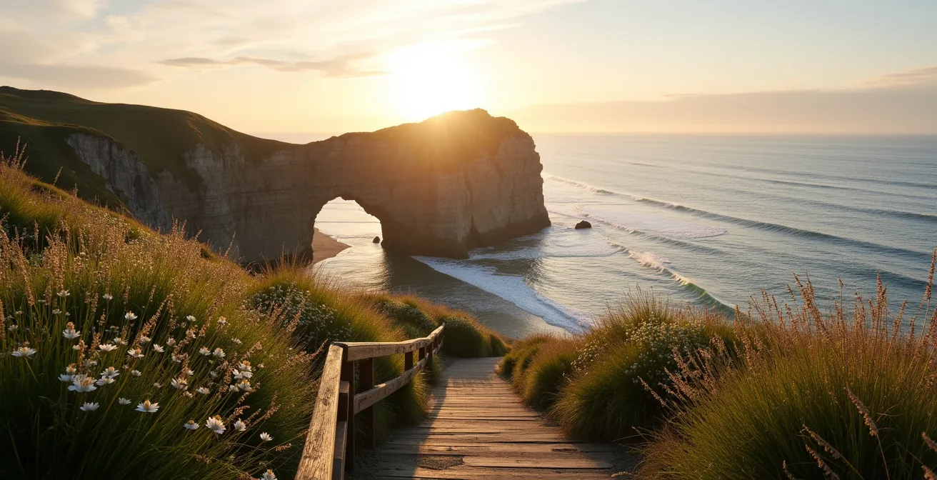Vue plongeante sur le Rocher Percé depuis un sentier côtier avec végétation au premier plan